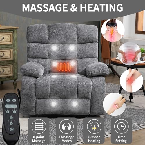 Oversized Grey Electric Power Lift Recliner Chair with Heat & Massage H4335