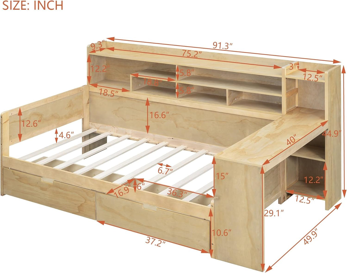 Twin Size Wooden Daybed with Storage Bookshelf, Study Desk and 2 Drawers M507