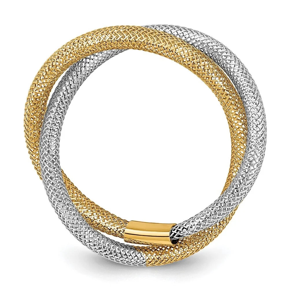 14k Two tone Gold Woven Mesh Stretch Ring Size 7.00 8mm Wide W206