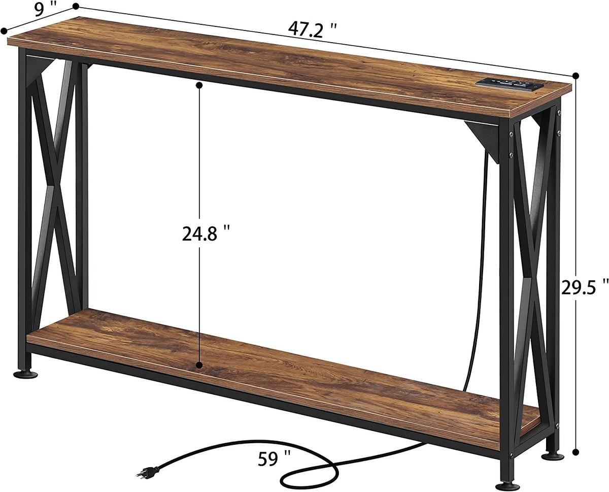 2 Tiers Console Sofa Table with Power Outlet and Open Storage Shelf Y155558