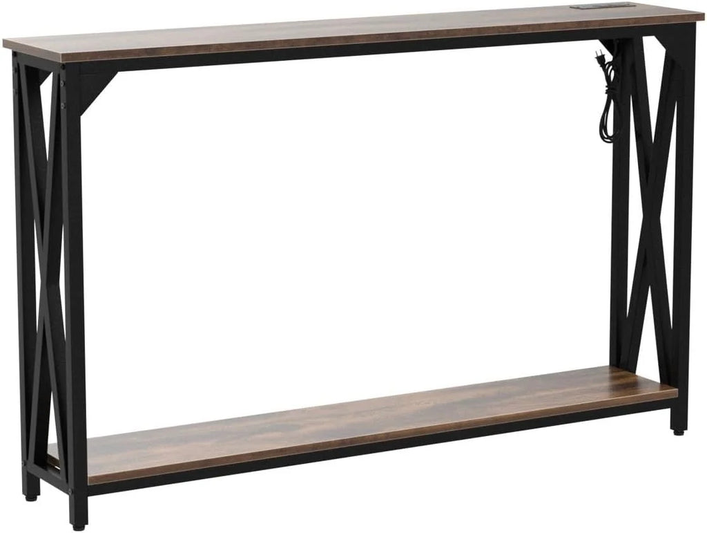 2 Tiers Console Sofa Table with Power Outlet and Open Storage Shelf Y155558