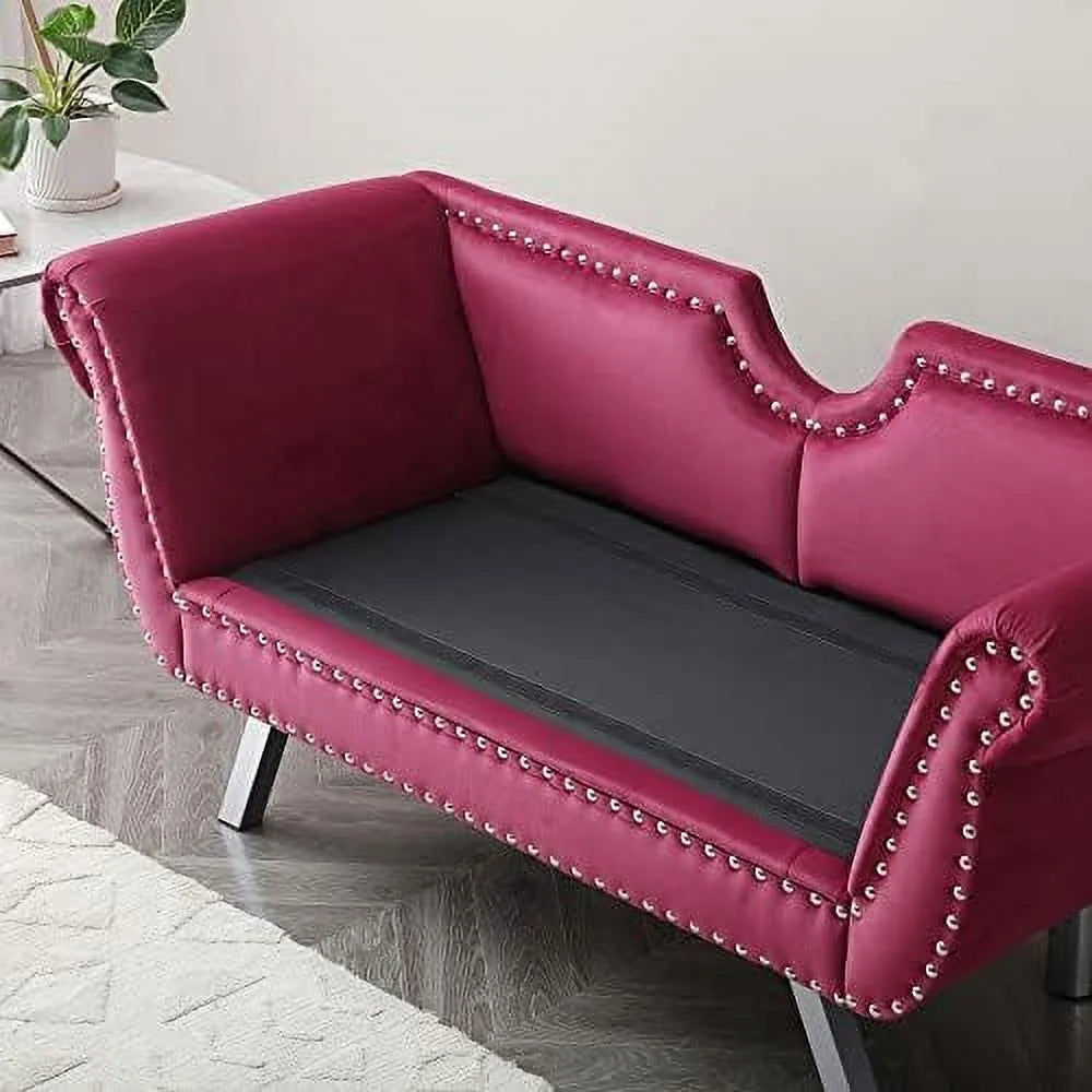Velvet Ottoman Bench with Back and Silver Metal Legs Y7166