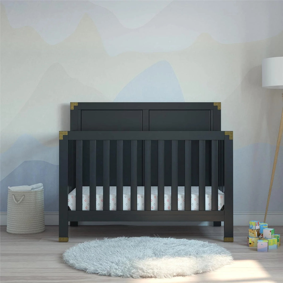 Black 5-in-1 Convertible Crib Solid Pine Wood B383784