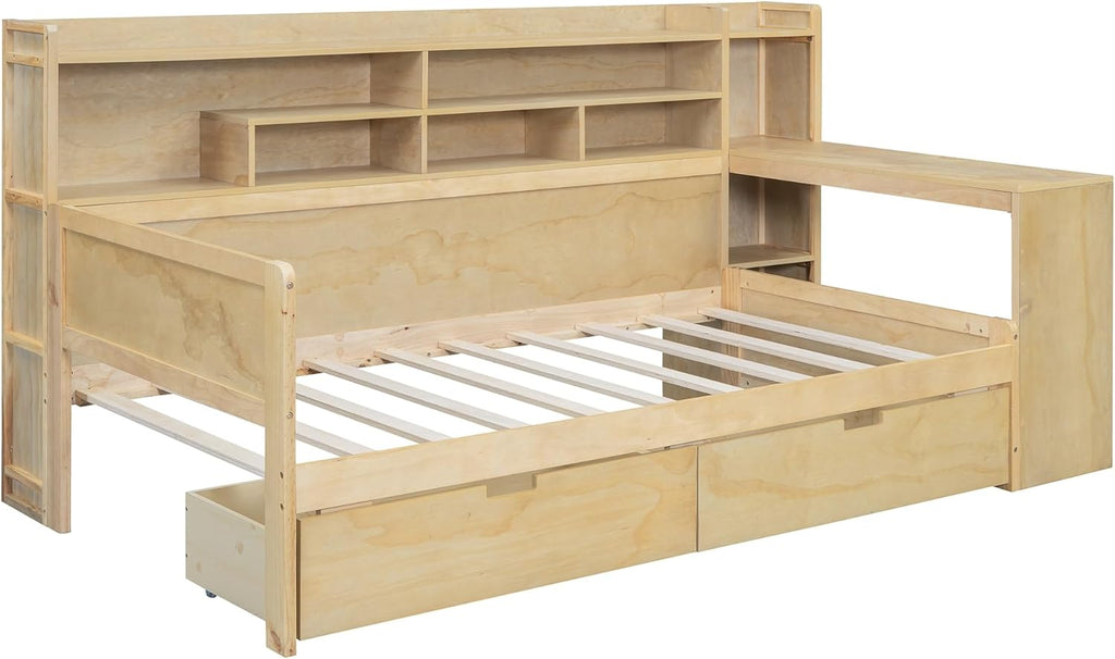 Twin Size Wooden Daybed with Storage Bookshelf, Study Desk and 2 Drawers M507