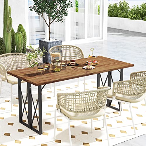 67 Inch Acacia Wood Outdoor Dining Table with Umbrella Hole K5477