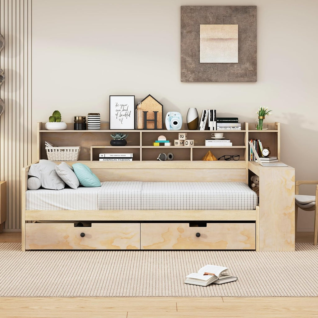 Twin Size Wooden Daybed with Storage Bookshelf, Study Desk and 2 Drawers M507