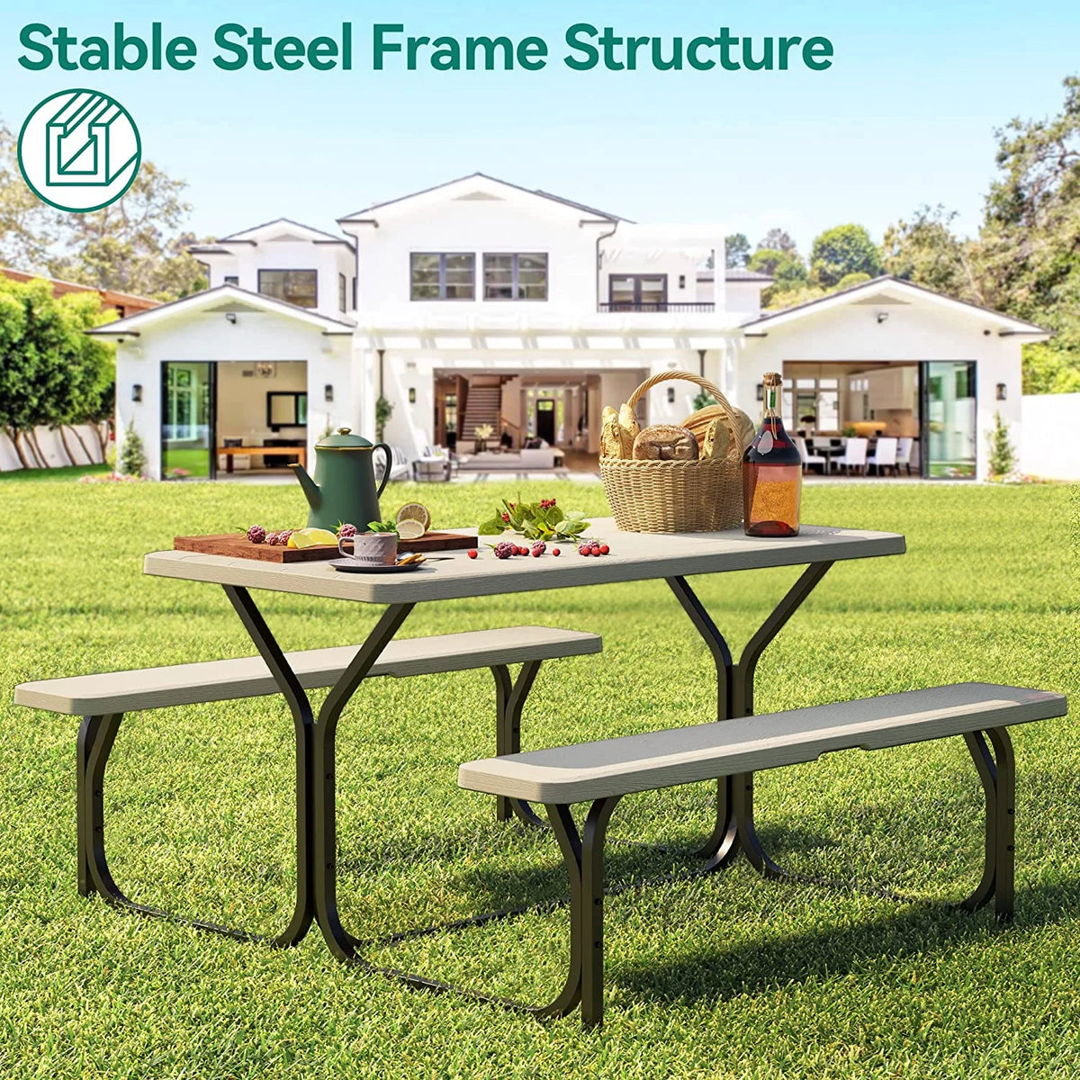 Heavy-Duty Outdoor Picnic Table Set with Weatherproof Resin Tabletop E220579