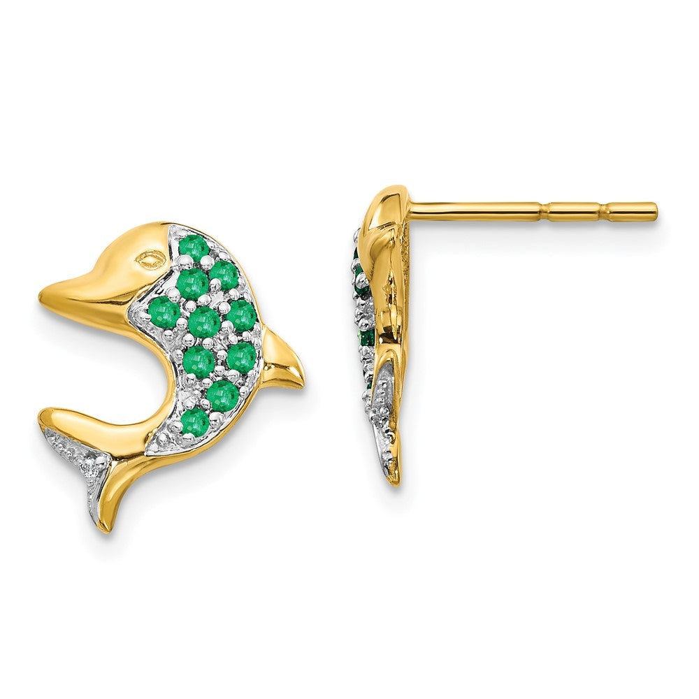 14k Yellow Gold Rhodium Marquise Emerald and Diamond Dolphin Stud Earrings V685