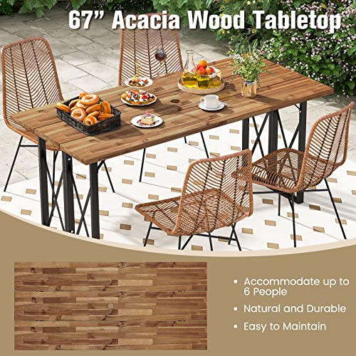 67 Inch Acacia Wood Outdoor Dining Table with Umbrella Hole K5477