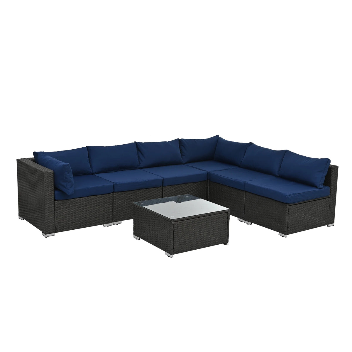 7 Piece PE Rattan Patio Furniture Set with Cushions and Glass Coffee Table U4559
