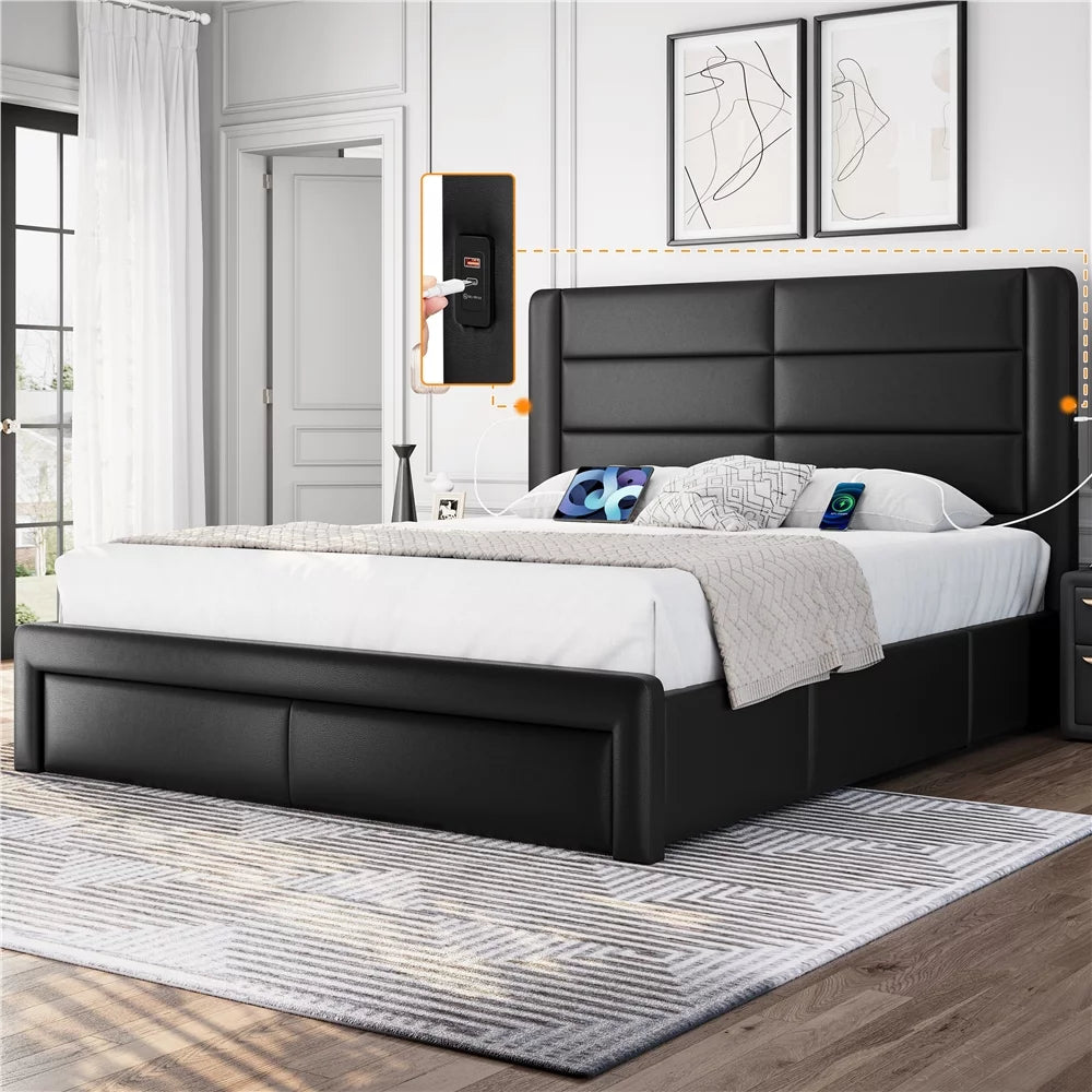 Upholstered Queen Bed with 3 Storage Drawers and USB Ports B904017