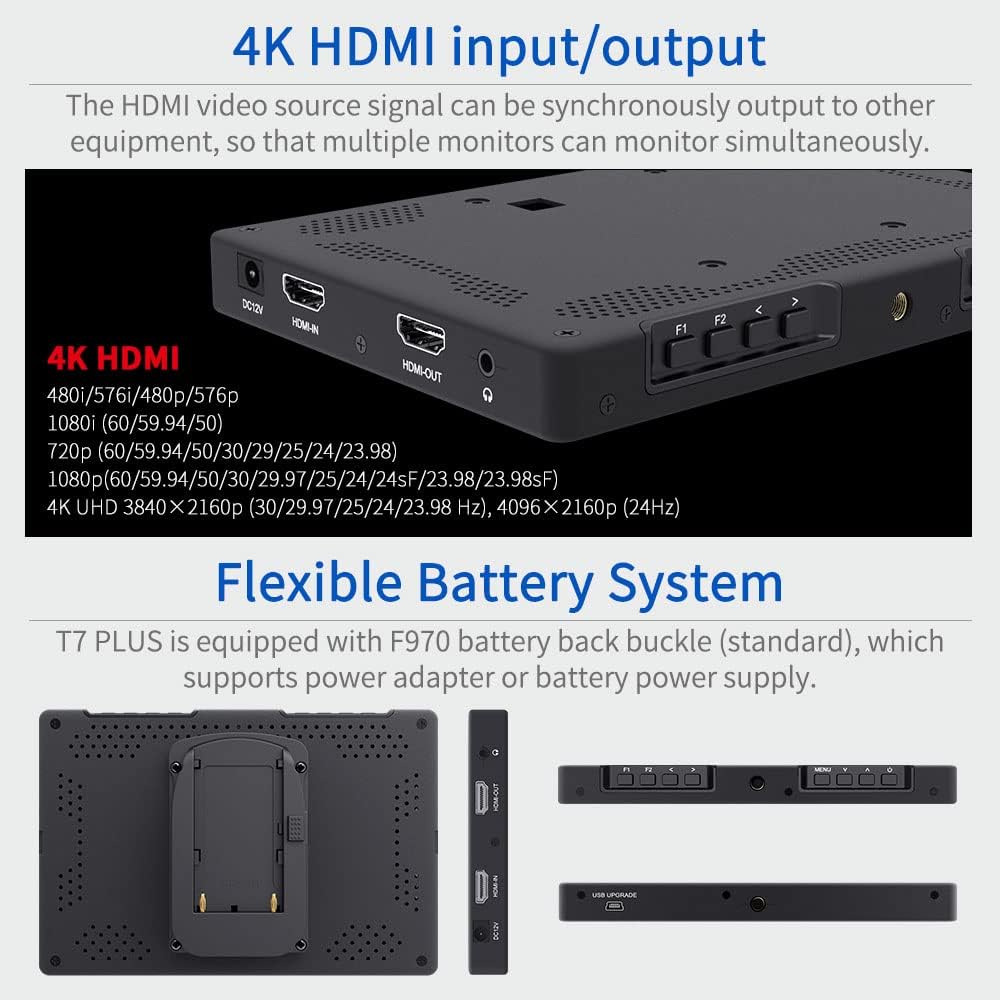 7 Inch 4K HDMI Camera Field Monitor with Sunshade and Mini Ball Head M821068