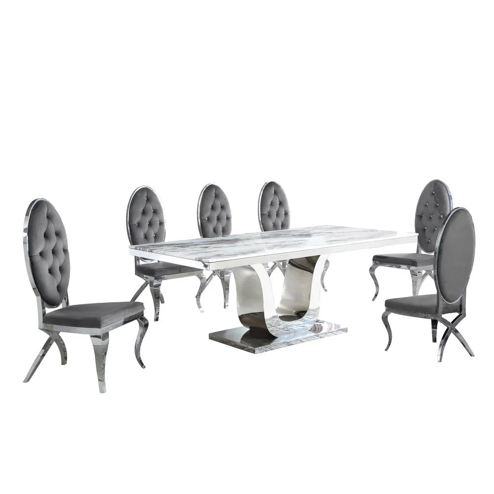 Stainless Steel 7 Piece Dining Set with Marble Table and Gray Chairs N903