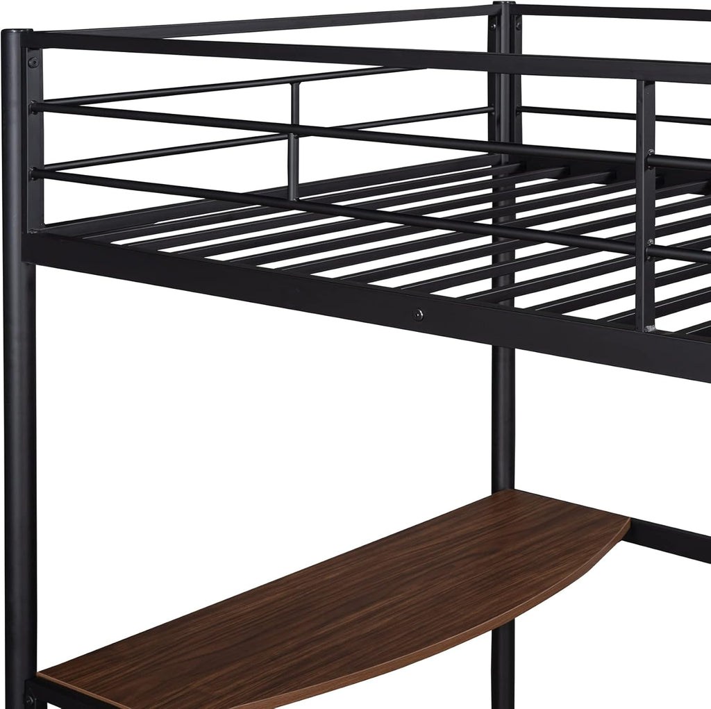 Twin Size Metal Loft Bed with Desk and Storage Shelves (Black) F14297