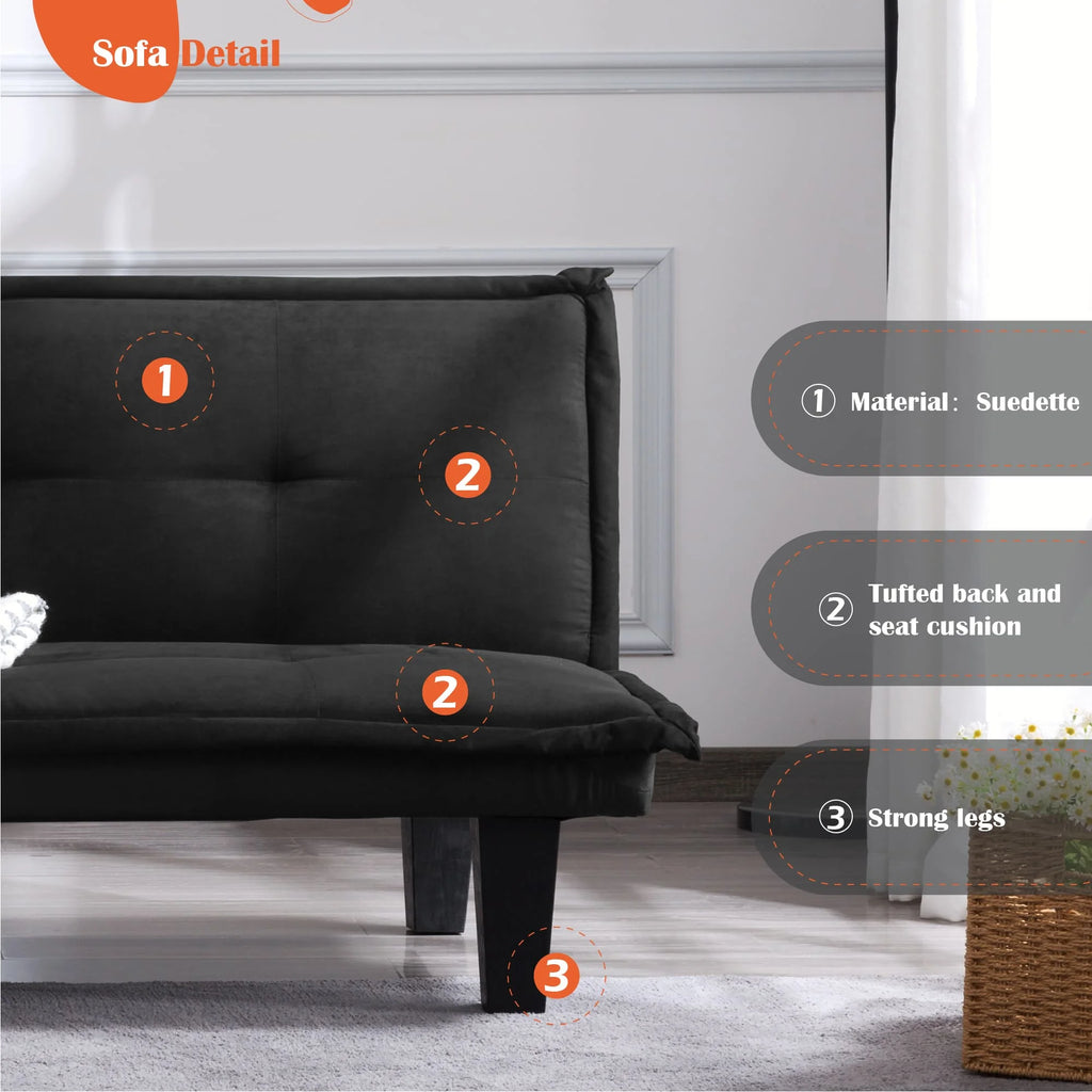 63.8 inch Black Faux Suede Convertible Futon Sofa Bed Q716157