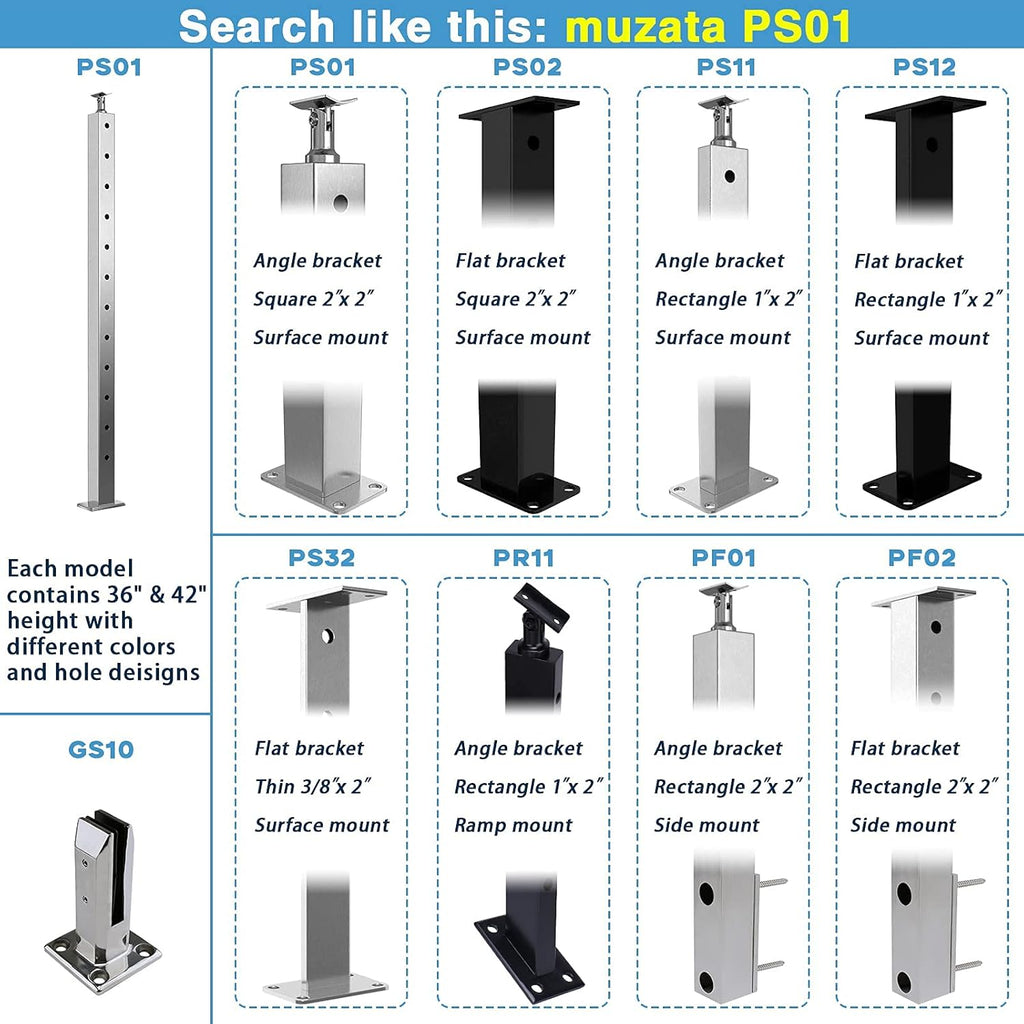 4PACK Brushed Stainless Steel Square Cable Railing Post 36''x2''x2'' Pre-Drilled O764577