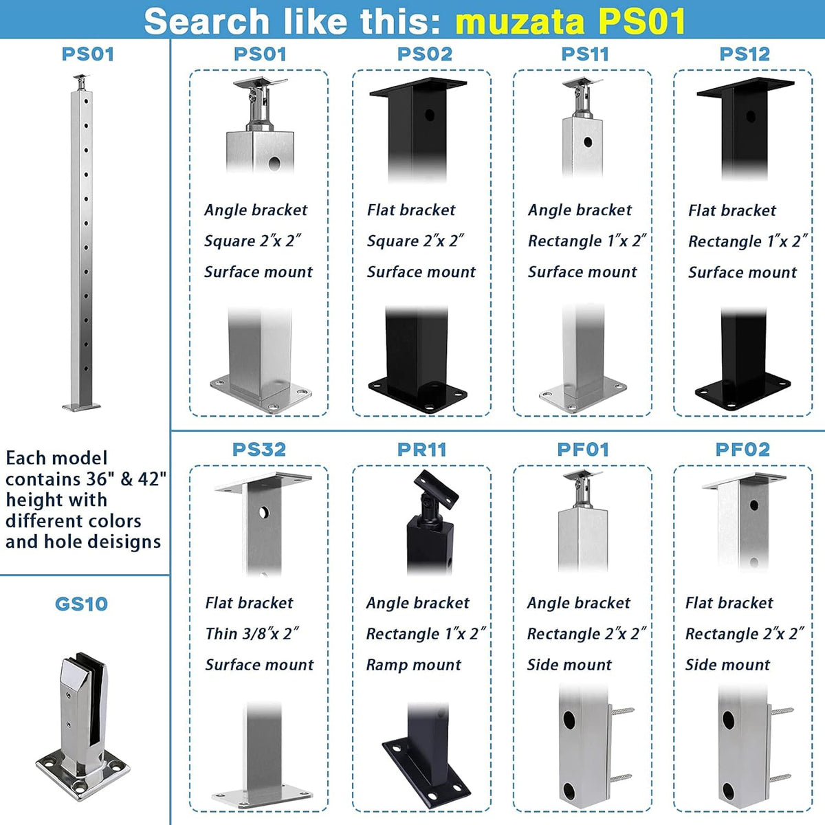 4PACK Brushed Stainless Steel Square Cable Railing Post 36''x2''x2'' Pre-Drilled O764577