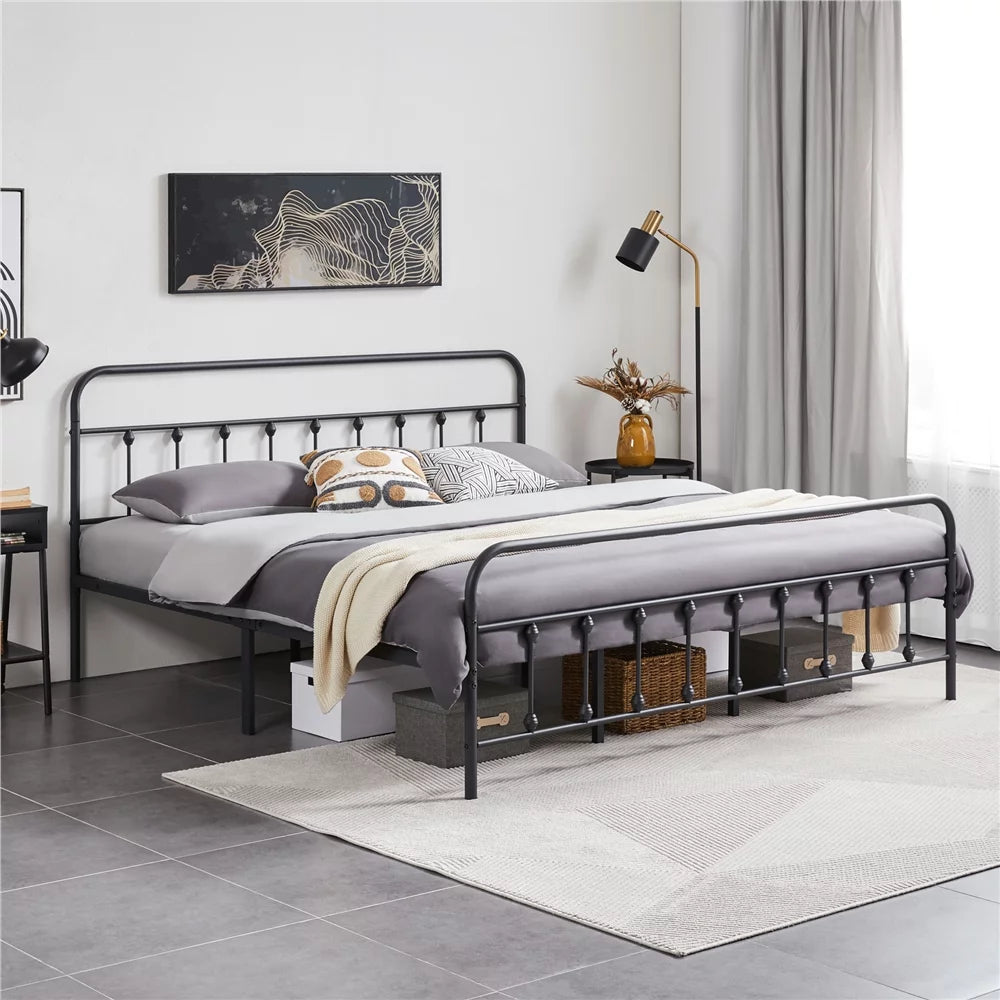Queen Metal Bed Frame with Headboard & Footboard, White J549