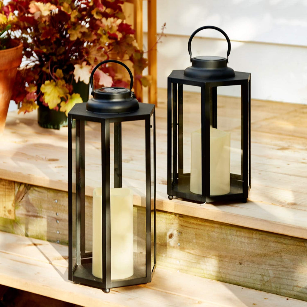 14 Inch Black Metal Glass Waterproof Solar Outdoor Lantern S408836