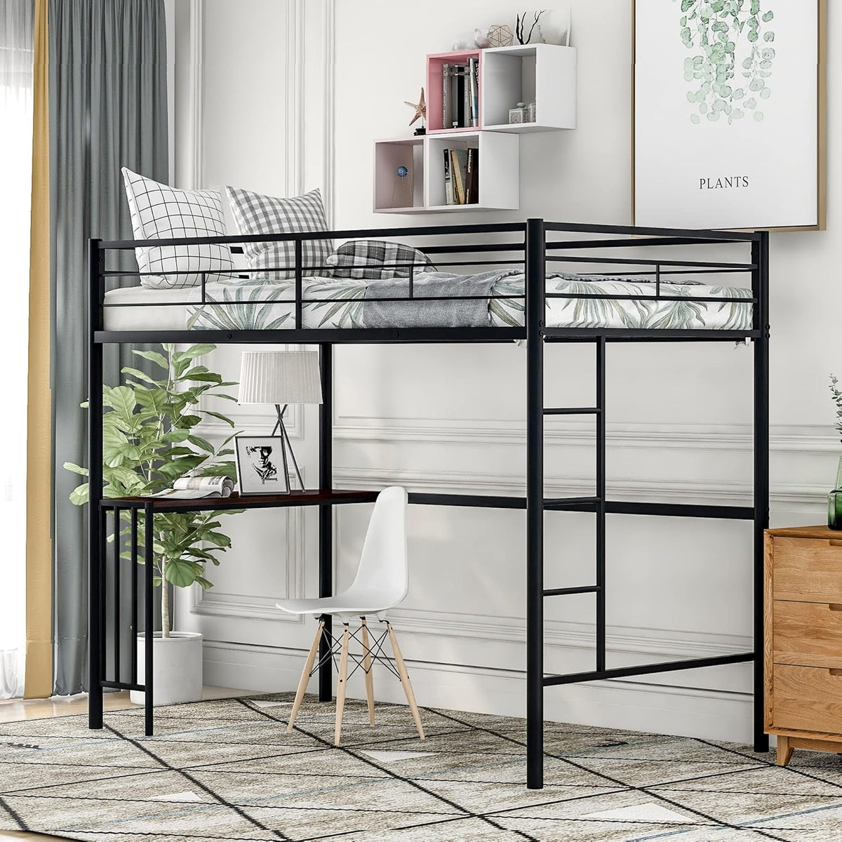 Twin Size Metal Loft Bed with Desk and Storage Shelves (Black) F14297