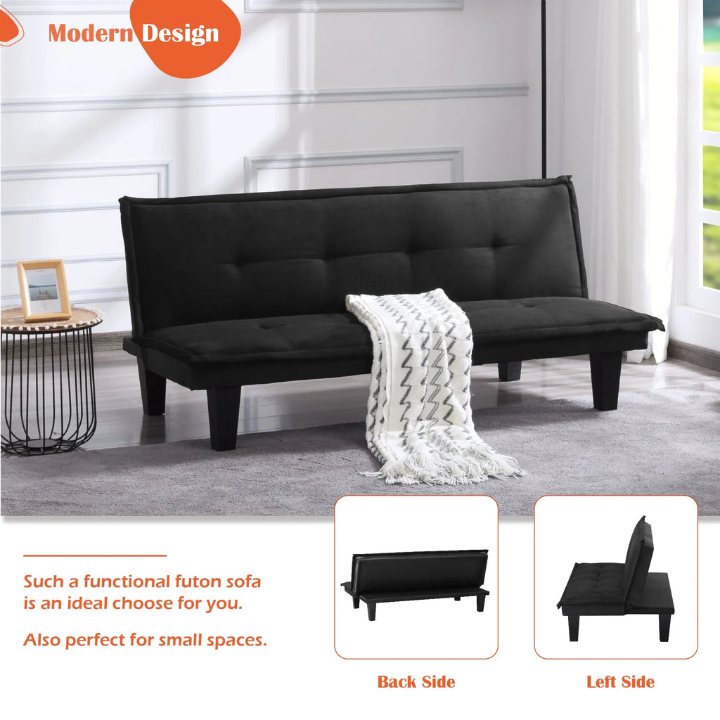 63.8 inch Black Faux Suede Convertible Futon Sofa Bed Q716157