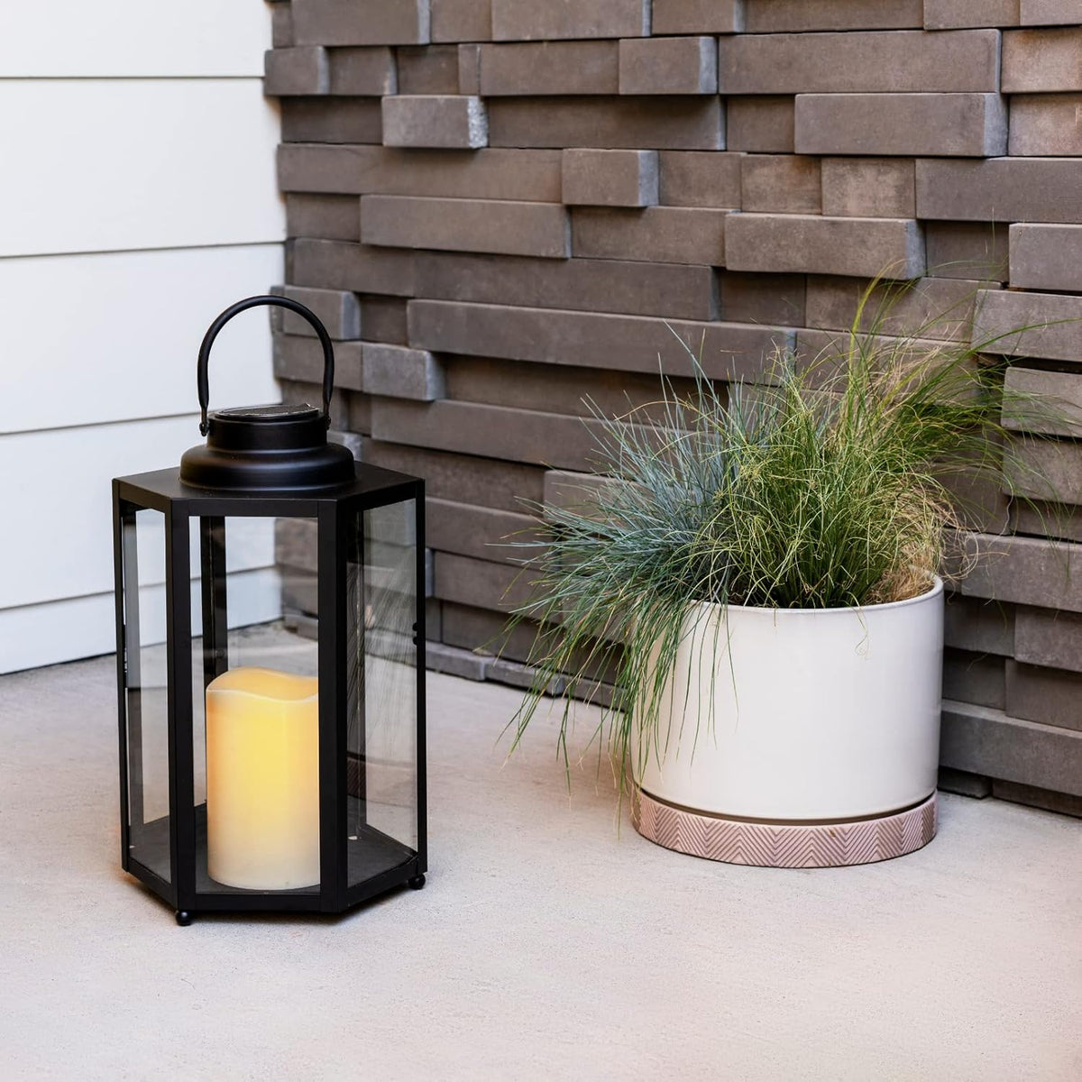 14 Inch Black Metal Glass Waterproof Solar Outdoor Lantern S408836