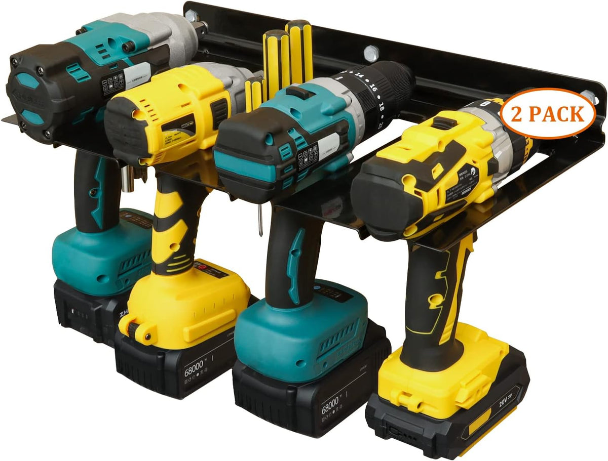 Drill Holder Storage Rack Holds 4 Drills, Heavy Duty Metal Wall Mounted Organizer, 2 Pack E8727
