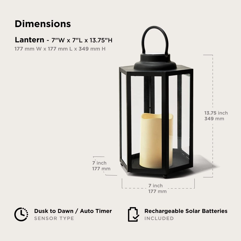 14 Inch Black Metal Glass Waterproof Solar Outdoor Lantern S408836