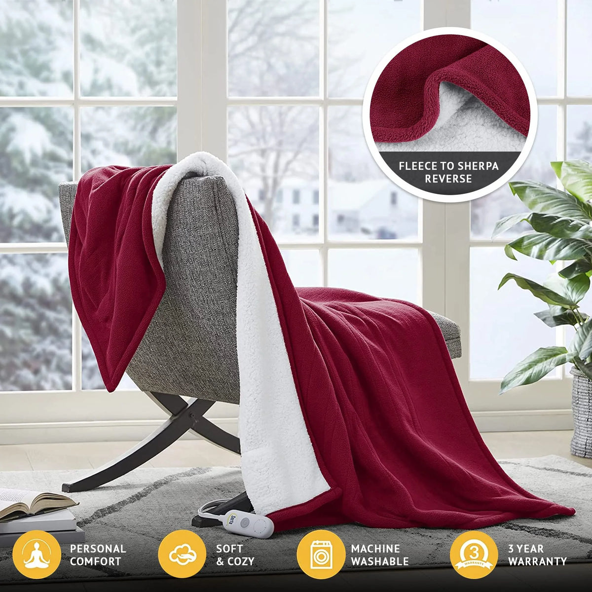 Berry Red Reversible Fleece to Sherpa Throw D5292