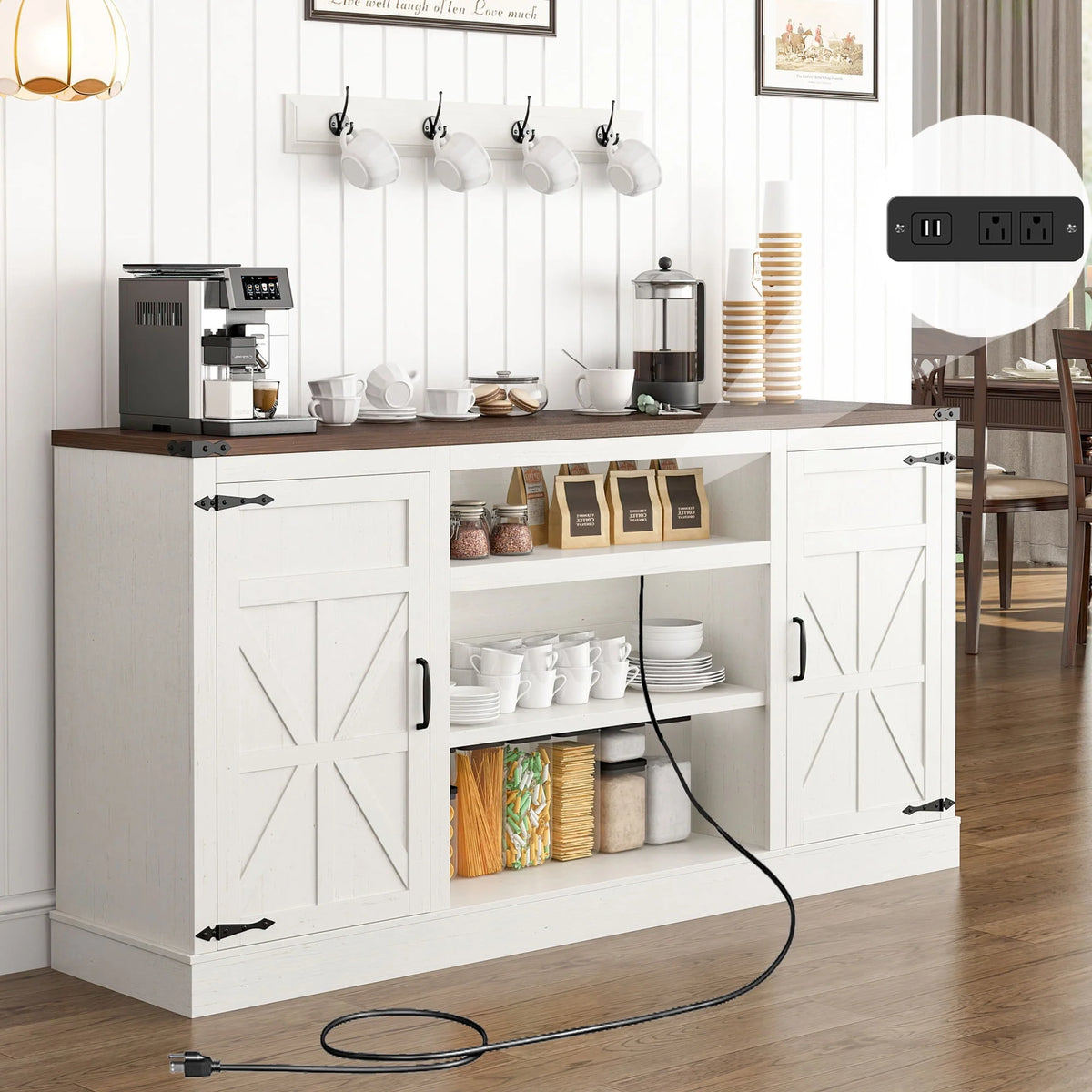 4 Layer Brown Coffee Bar Cabinet with Power Outlet S346135