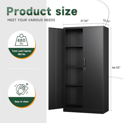 Metal Black Storage Cabinet with Adjustable Shelves and Lock Door P50033