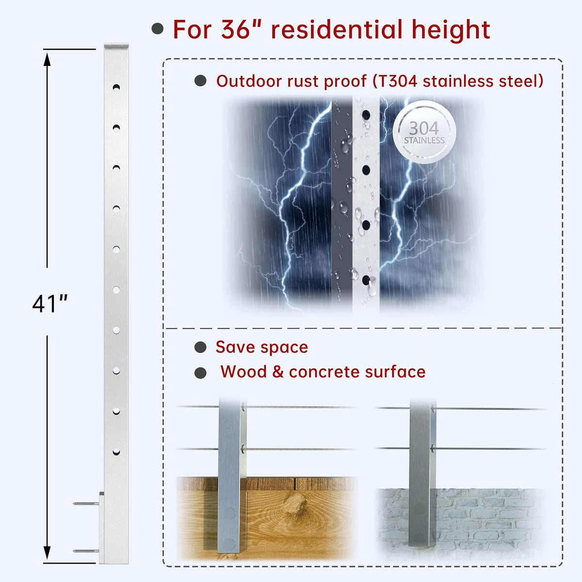4PACK Brushed Stainless Steel Square Cable Railing Post 36''x2''x2'' Pre-Drilled O764577