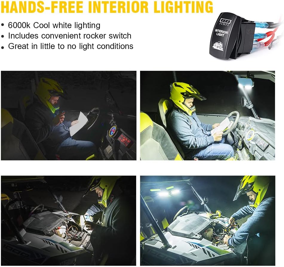 13 UTV Rearview Center Mirror with COB LED Interior Lights and Rocker Switch, Aluminum Rear View Mirrors L682