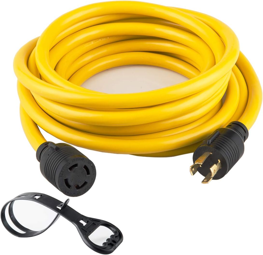 25FT Heavy Duty Generator Locking Power Cord NEMA L14-30P/L14-30R, 4X10 Gauge SJTW Cable, 125/250V 30Amp 7500 Watts Yellow E227785