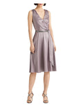 Purple Zippered Pleated Crystal-embellished Tie Belt Sleeveless Surplice Neckline Below The Knee Cocktail Fit + Flare Dress R395