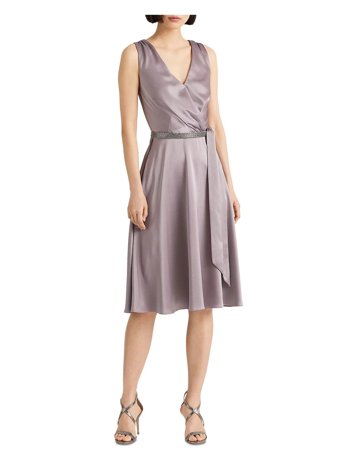 Purple Zippered Pleated Crystal-embellished Tie Belt Sleeveless Surplice Neckline Below The Knee Cocktail Fit + Flare Dress R395