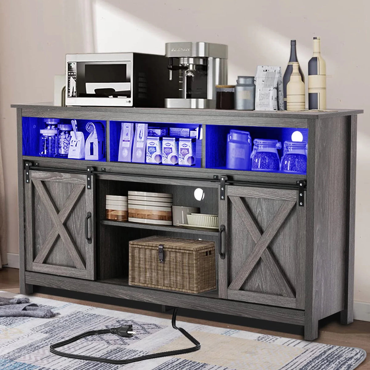 4 Layer Brown Coffee Bar Cabinet with Power Outlet S346135