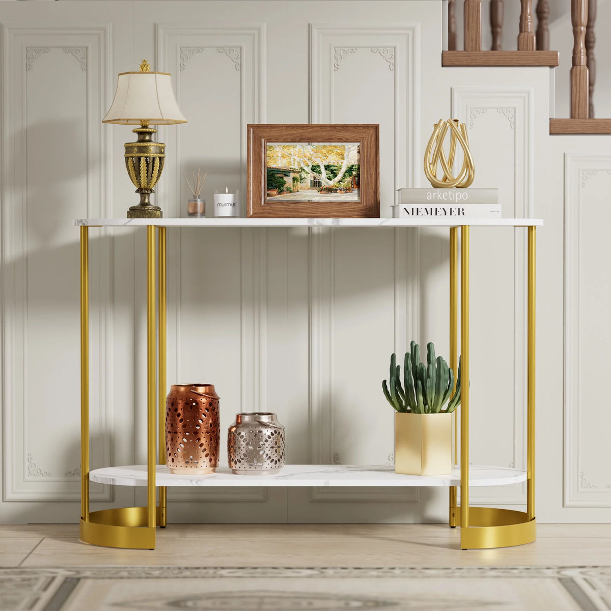 White Marble Pattern 2-Tier Console Table Y7828