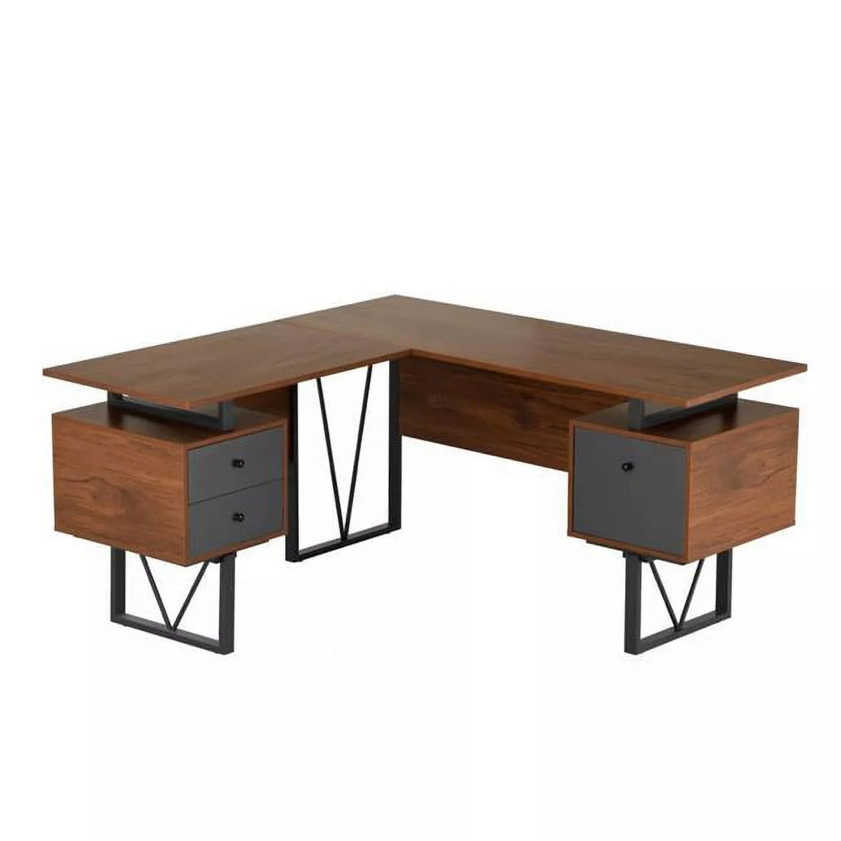 Reversible L-Shape Computer Desk with Drawers & File Cabinet, Walnut B59052
