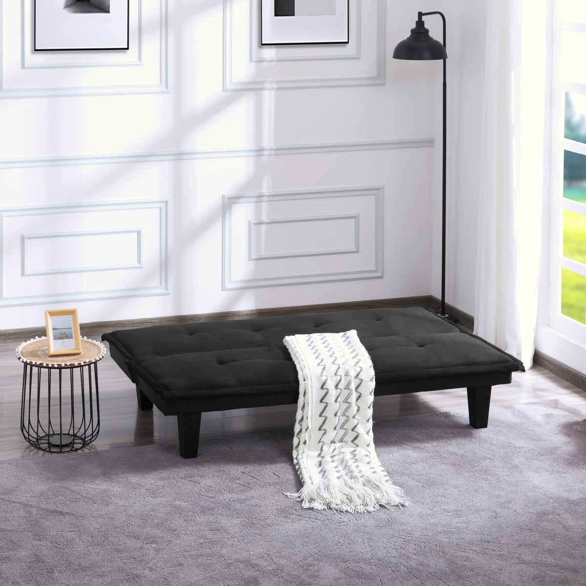 63.8 inch Black Faux Suede Convertible Futon Sofa Bed Q716157