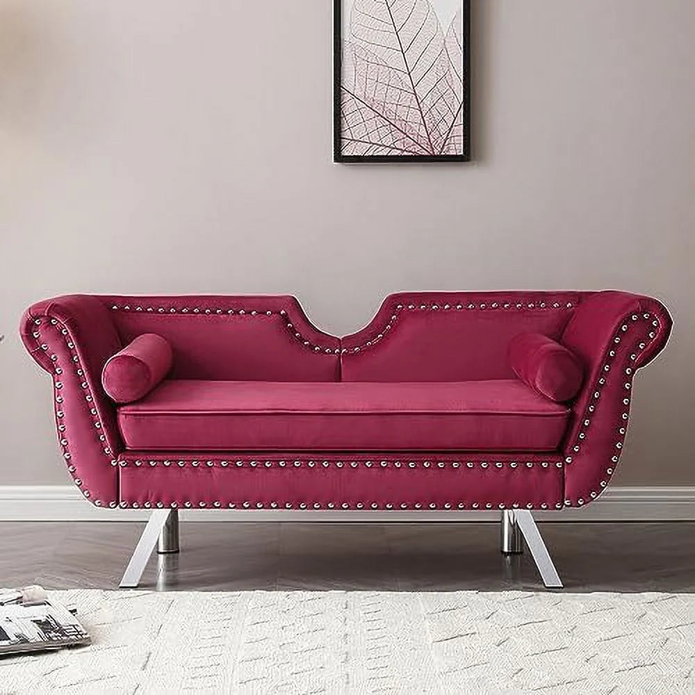Velvet Ottoman Bench with Back and Silver Metal Legs Y7166