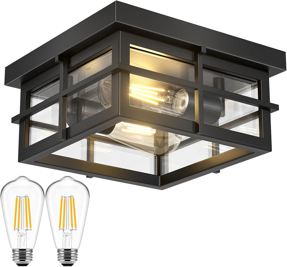 2-Light Black Flush Mount Ceiling Light Fixtures with Clear Glass Shade P453301