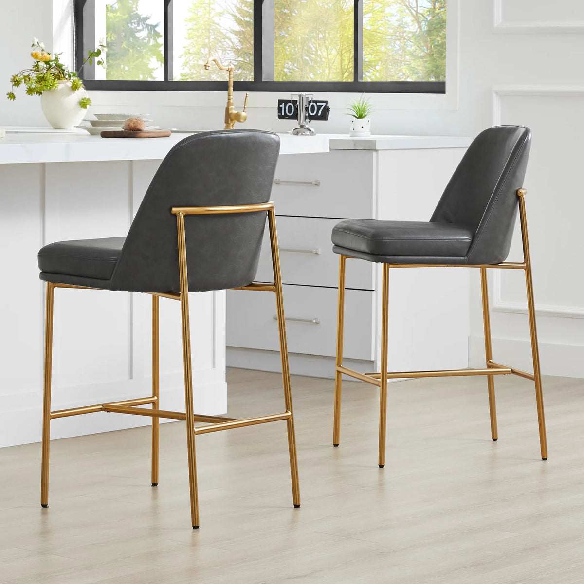 27 inch Faux Leather Counter Height Bar Stool Set of 2 with Back & Metal Legs S787185