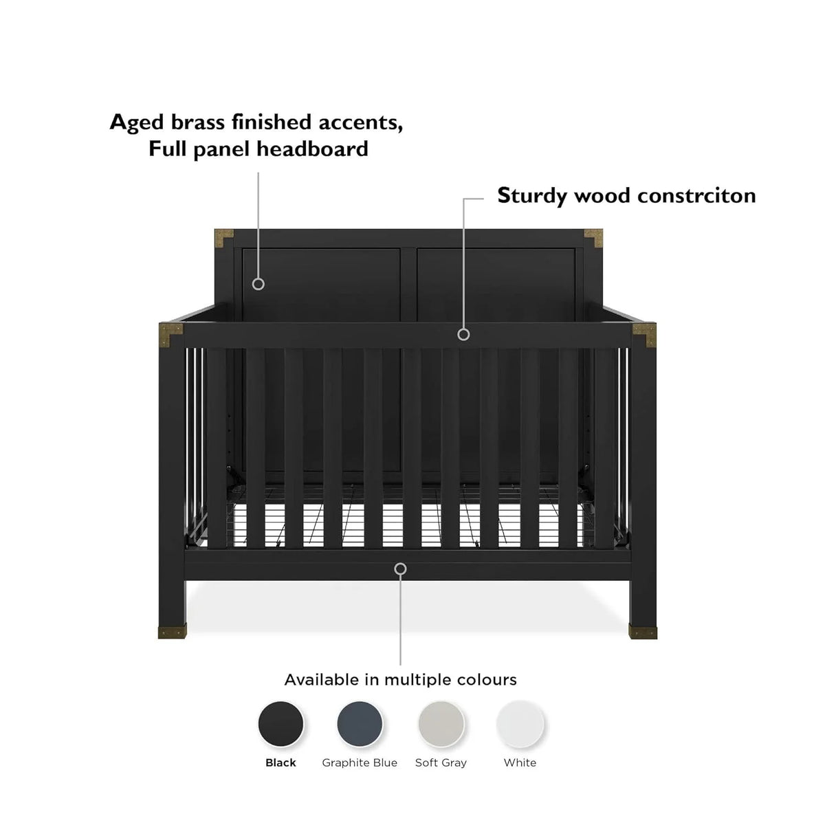 Black 5-in-1 Convertible Crib Solid Pine Wood B383784