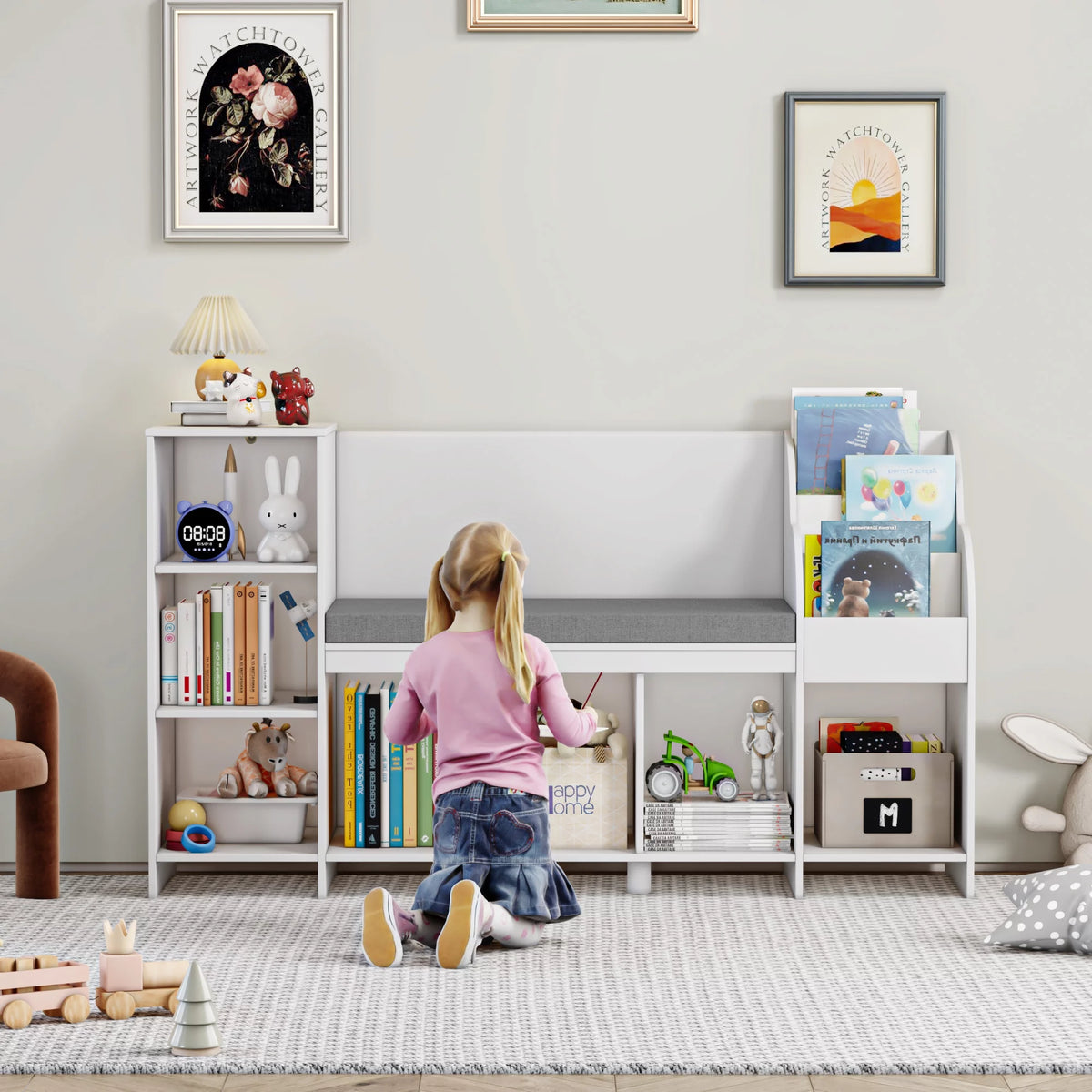 White Kids Bookshelf with Reading Nook A40013