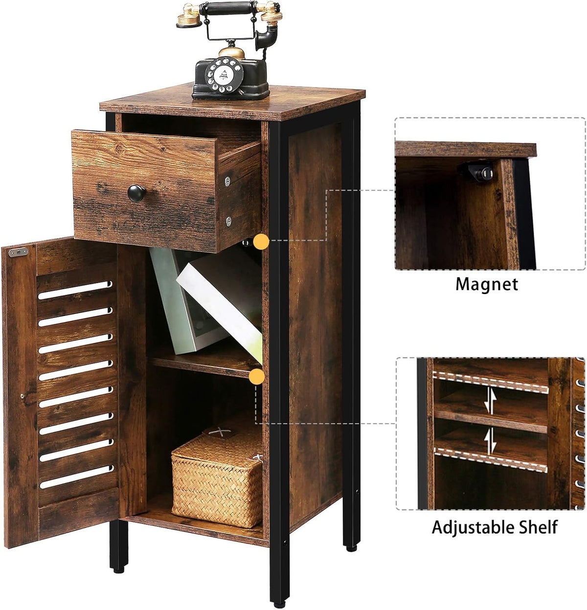 Rustic Brown Storage Cabinet with Drawer and Height-Adjustable Shelves M5594