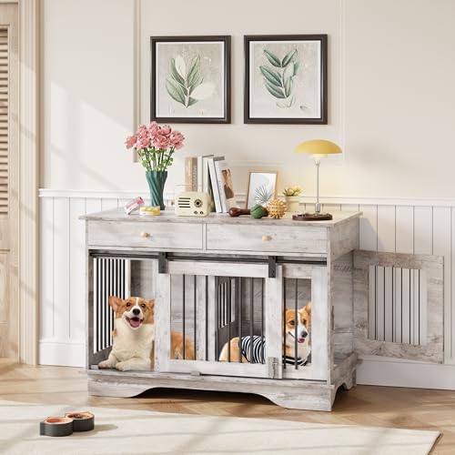 47" Grey Dog Crate Furniture with 2 Storage Draws P314799