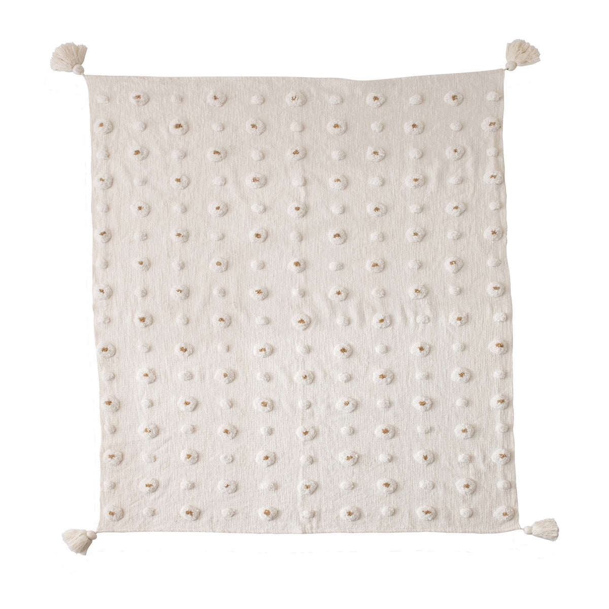 White & Gold Cotton Tufted Throw with Tassels F6181