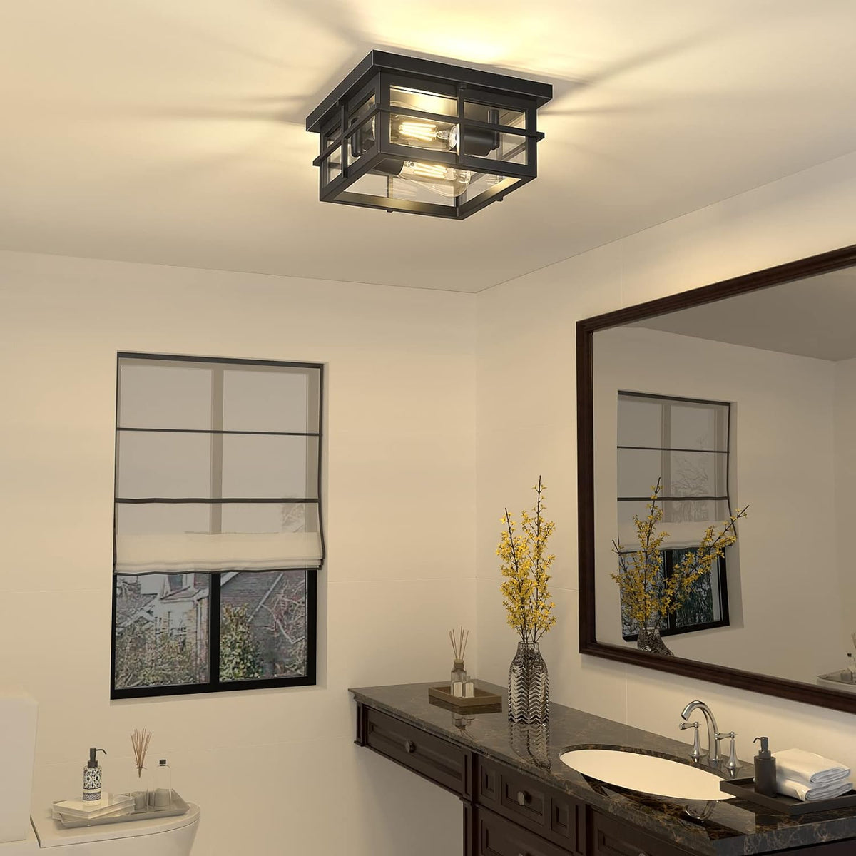 2-Light Black Flush Mount Ceiling Light Fixtures with Clear Glass Shade P453301