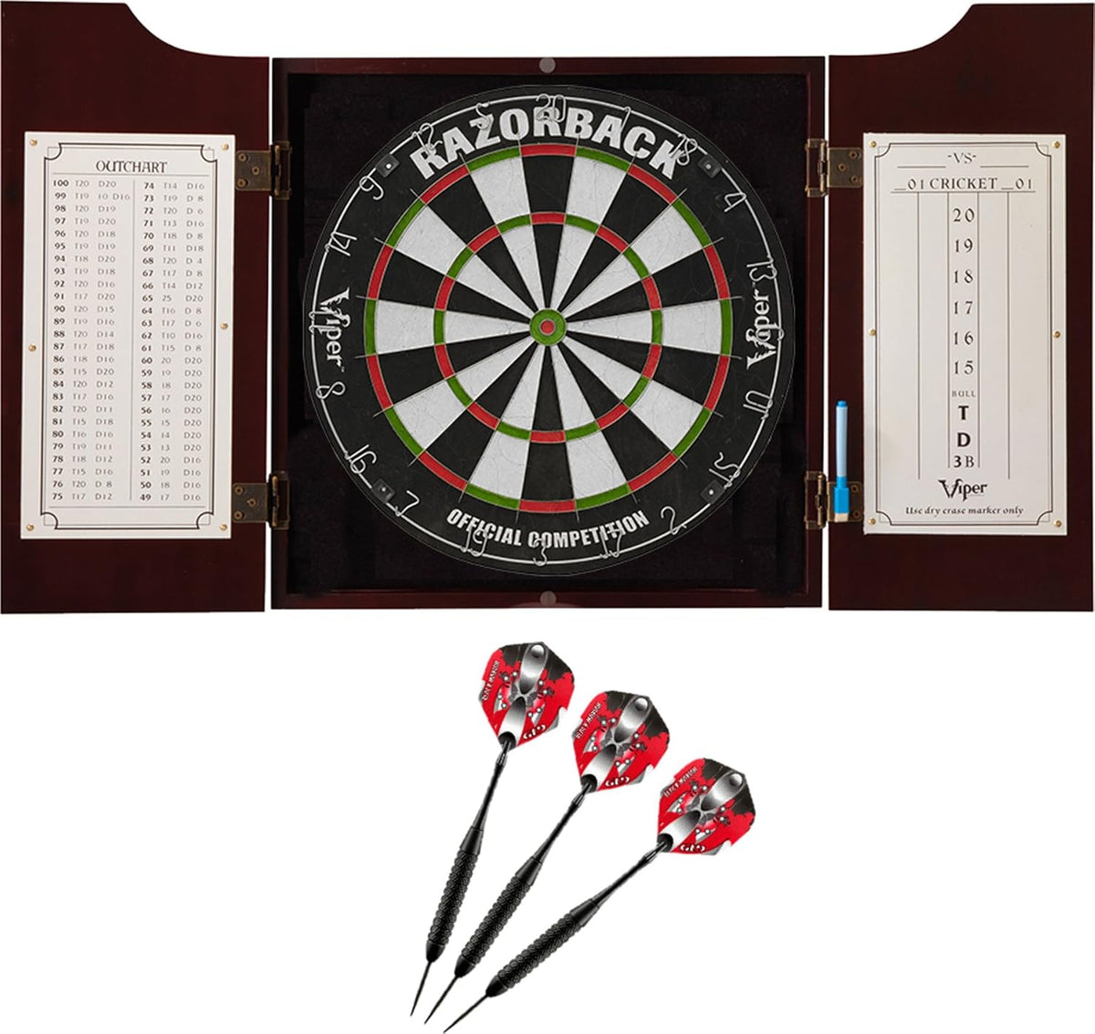 Mahogany Solid Wood Cabinet with Sisal Bristle Dartboard Bundle, Steel-Tip Dart Set, Dry Erase Scoreboard, Pack of 2 S6542